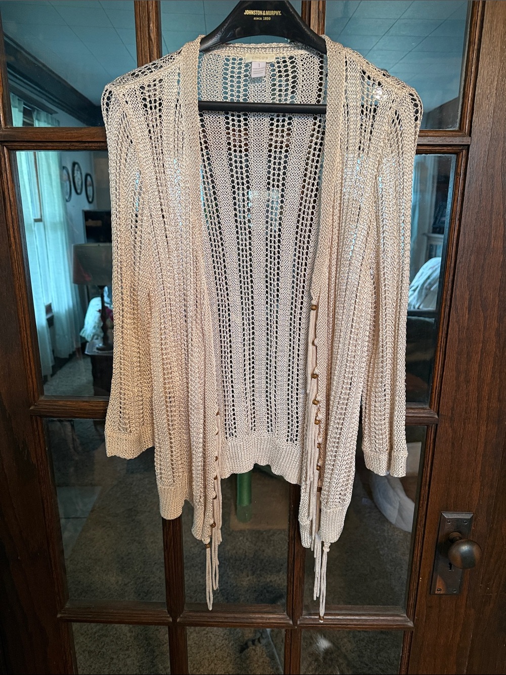 Chicos Crochet Pointelle Open Front Cardigan Beige Wood Bead Accents Size 1 M